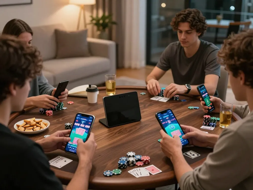 Players enjoying hytw3339 online casino games on their mobile devices in a cozy home setting