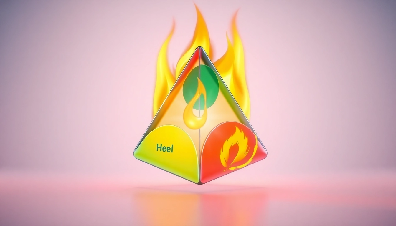 Depicting the fire tetrahedron, highlighting its four essential elements in a professional illustration