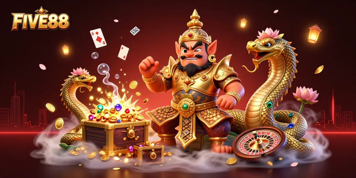 Experience the thrill of FIVE88 Casino with vibrant gaming elements and dynamic 3D characters in this engaging illustration.