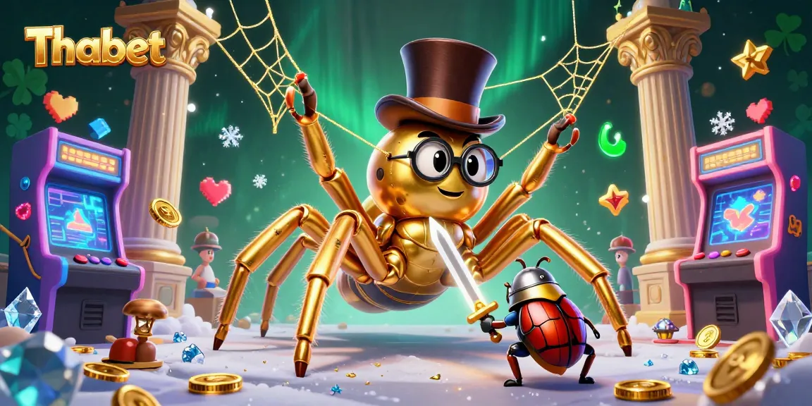 Engage in thrilling gameplay with Thabet's golden tarantula and beetle knight amidst a vibrant casino backdrop.