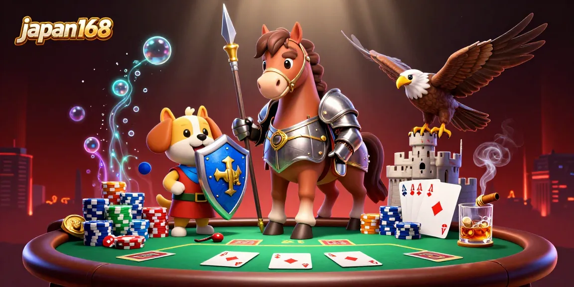 Play poker and win big with japan168 in this vibrant 3D casino illustration.