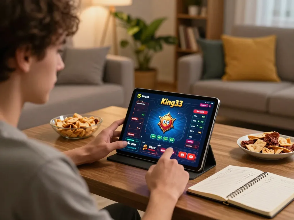 Player engaged with the King33 app in a cozy home setting, enhancing online gaming experience.
