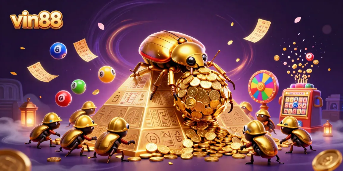 vin88 showcases an exciting 3D casino environment with golden elements and dynamic game symbols.