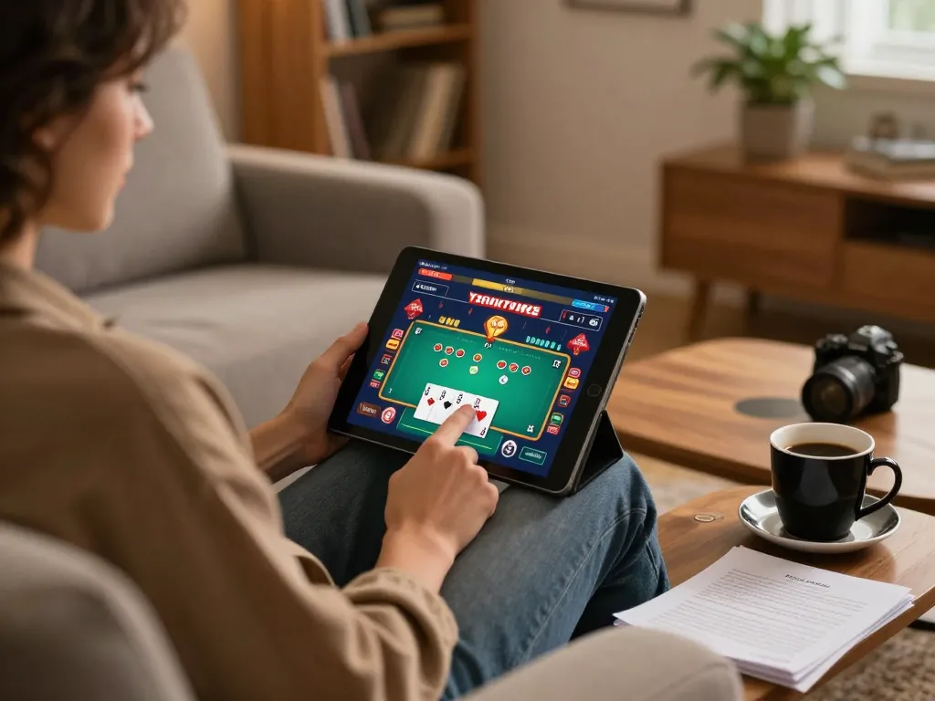 Enjoying Joy.link free credit while playing online poker in a cozy home setting with strategy notes.