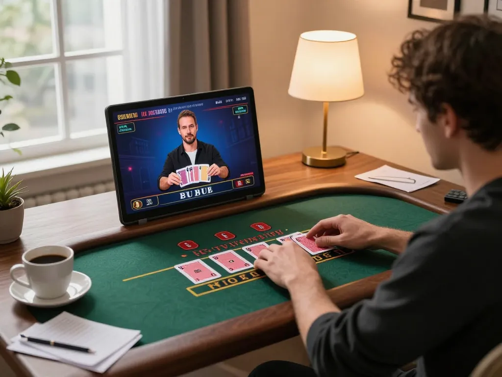 Engaging in live dealer blackjack on vt88's online platform from a cozy home setup.