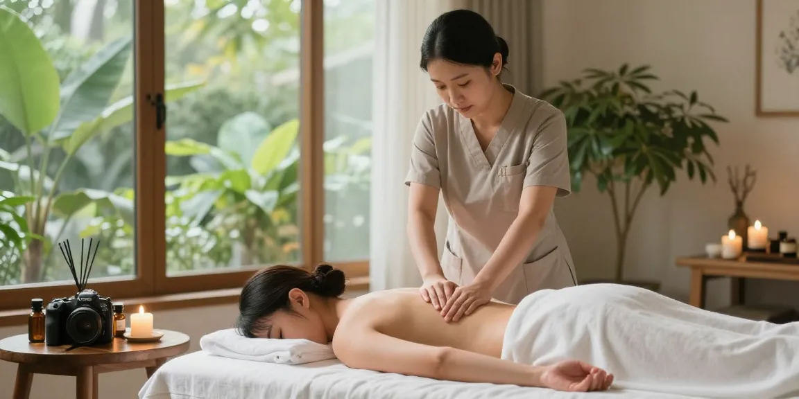마사지 중인 고객과 전문 마사지사가 편안한 스파 환경에서 휴식을 취하고 있는 모습