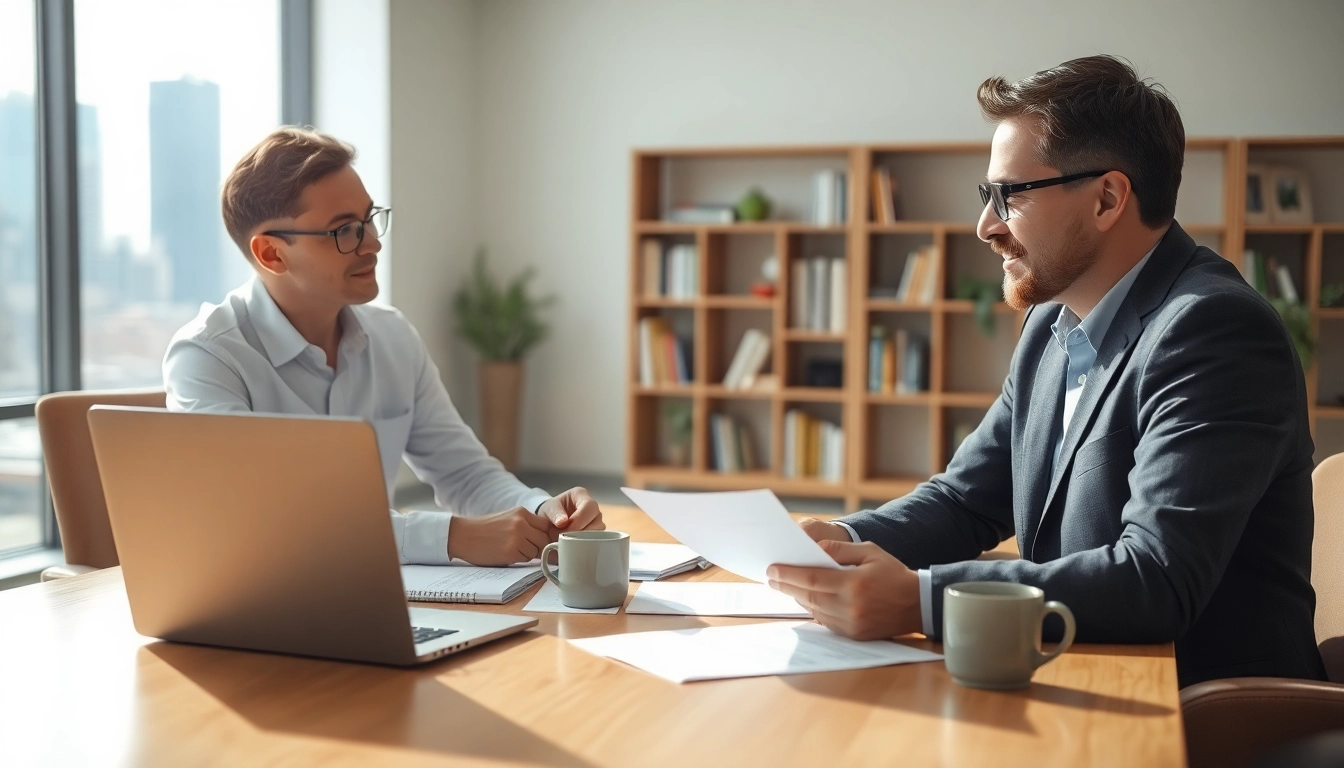 Consultant guiding a client through Property Insurance Claims in a professional office setting.