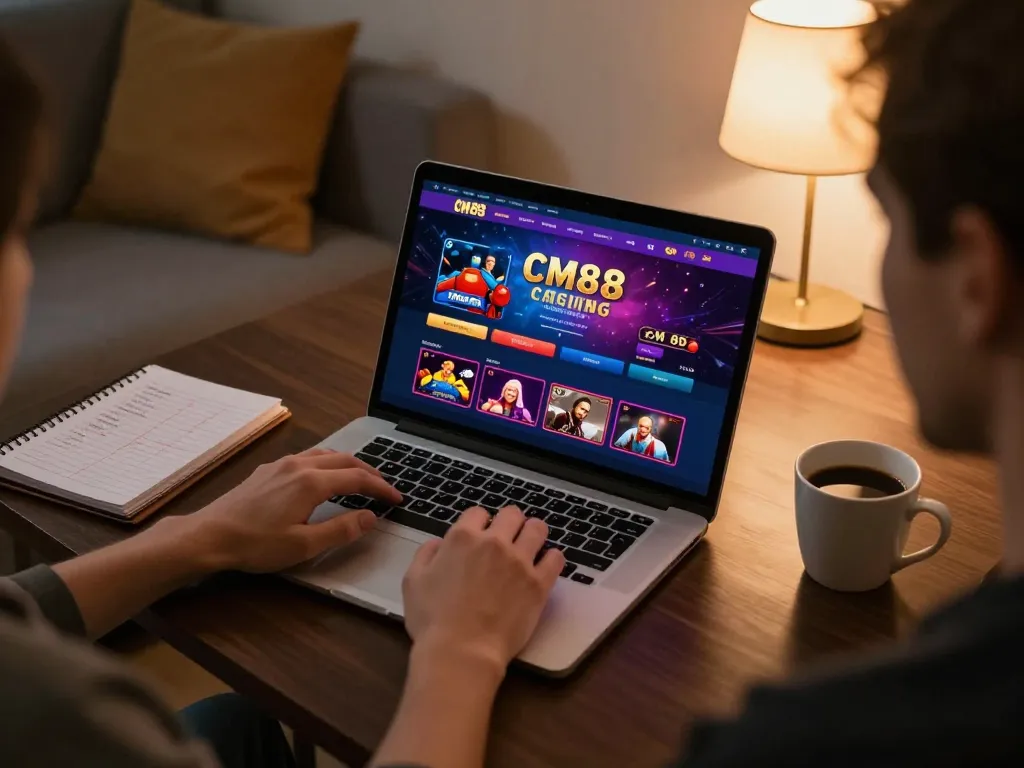 Player engaging with CM88 casino app on laptop at home, focusing on strategy and gameplay