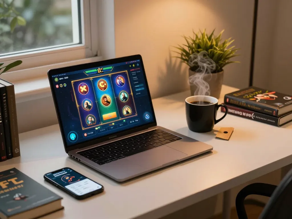 Pengguna Bintangmpo menikmati slot online di meja kerja yang nyaman dengan gadget modern