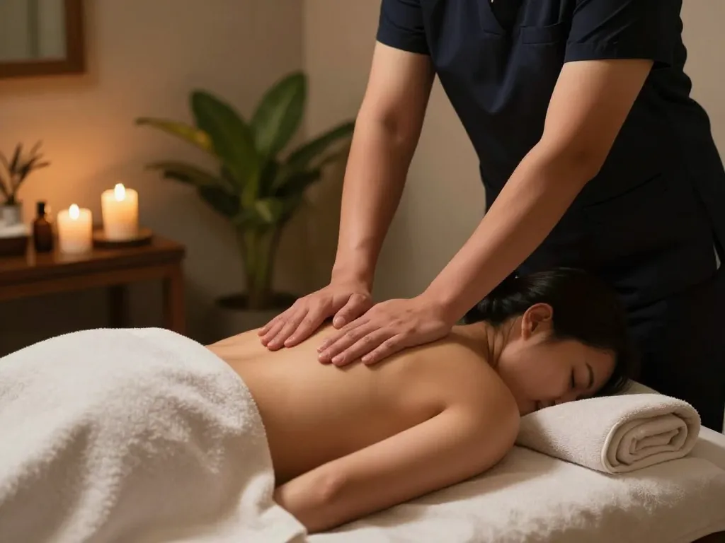 Therapist providing a 치평동마사지 in a serene spa environment with calming decor.