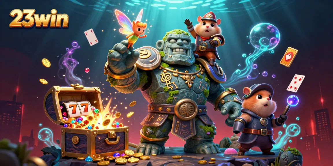 Experience winning moments with 23win as a golem guardian, fairy companion, and hamster knight play amidst dynamic casino elements.