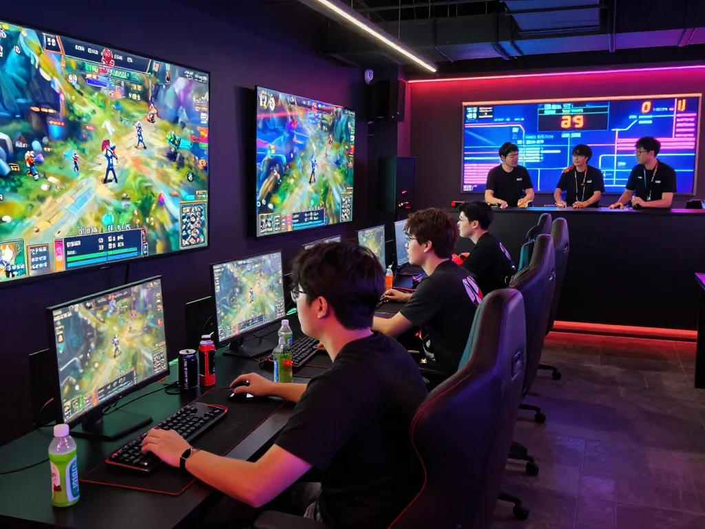 Engaging esports betting environment with players excitedly watching live matches, nổ hũ hubet88 in focus.