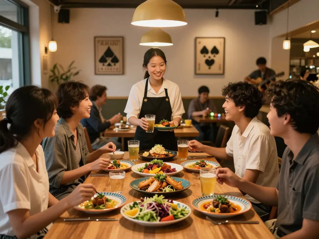 Friends enjoying a lively meal at Pokerseri restaurant, featuring vibrant dishes in a cozy setting.