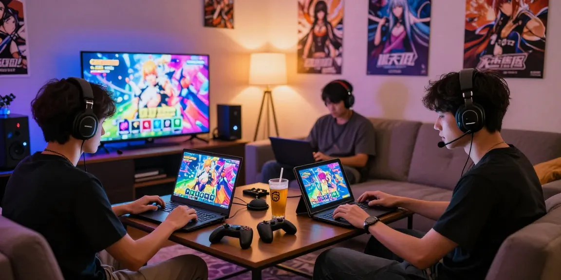 Engaged players exploring different hentai games in a cozy gaming den, showcasing vibrant graphics and gaming devices.
