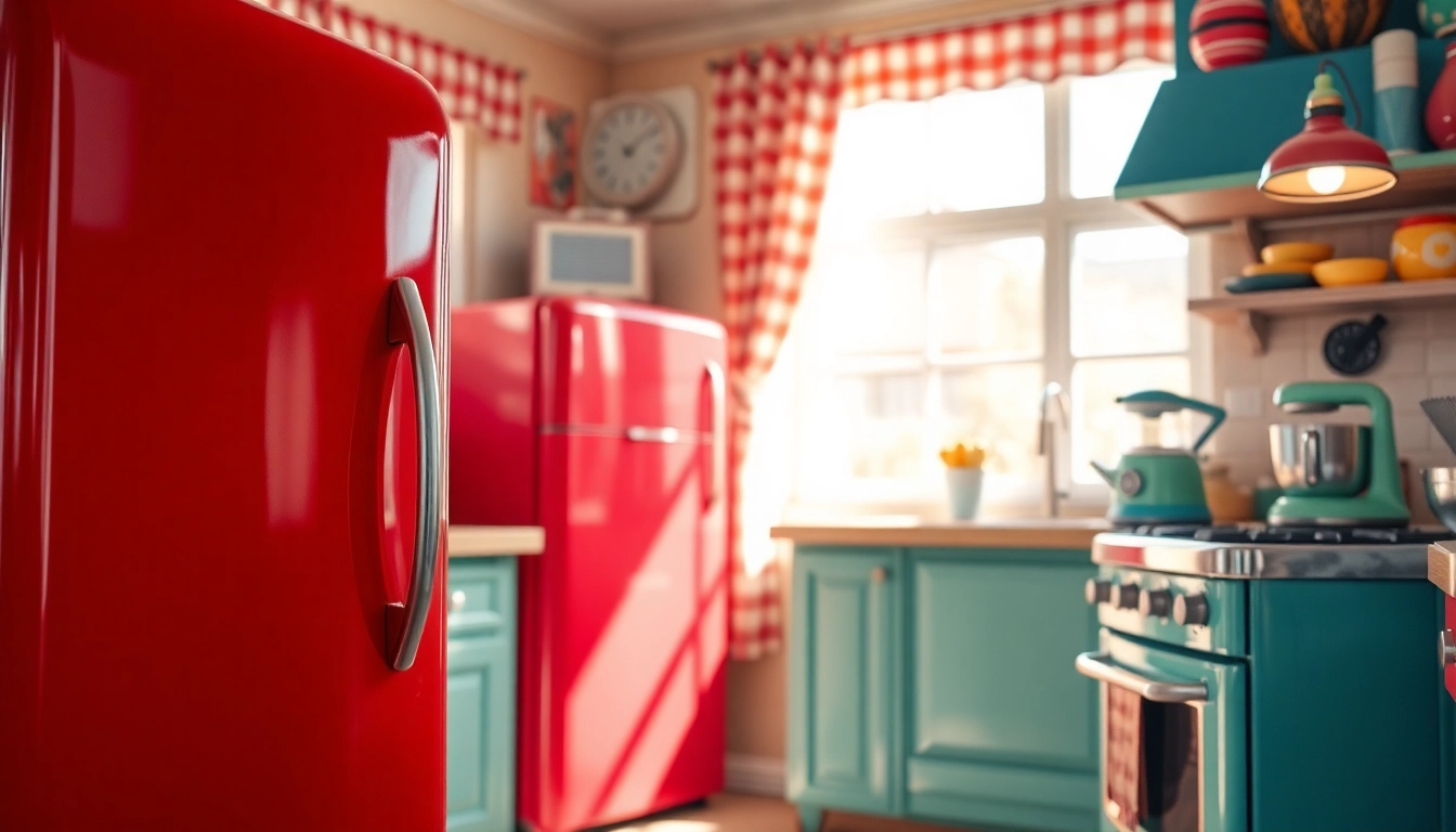 Showcasing bright retro appliances in a vintage kitchen setting with colorful fridges and sleek design.