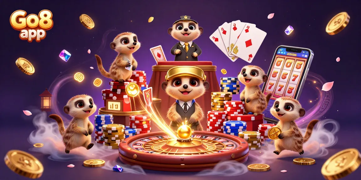 Experience thrilling gaming with Go8 app as meerkats manage a vibrant casino filled with gold coins and dynamic games.