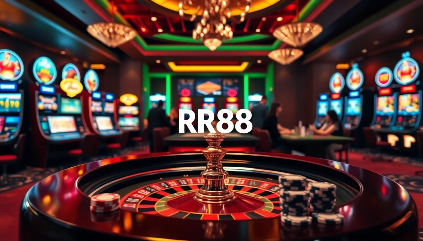RR88 casino ambiance featuring vibrant roulette tables and engaged gamblers.