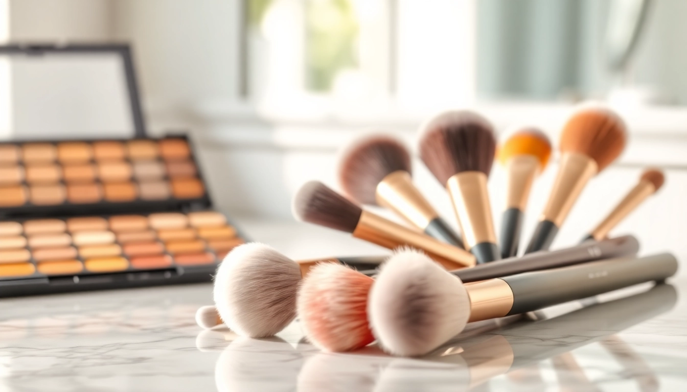 Using makeup blending brushes to create a flawless makeup look on a stylish countertop.