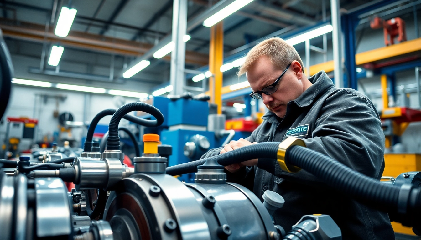 Technician providing mobile hydraulic services to heavy machinery in a workshop.