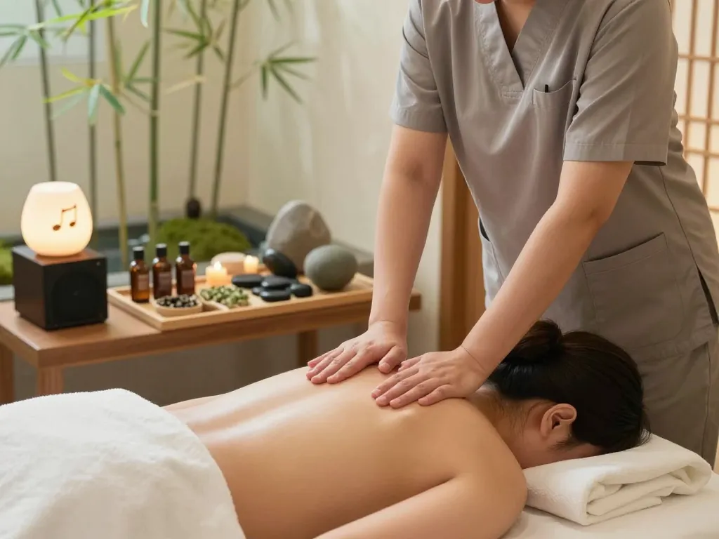 Experiencing a calming 논현동마사지 in a tranquil spa setting with soothing elements.