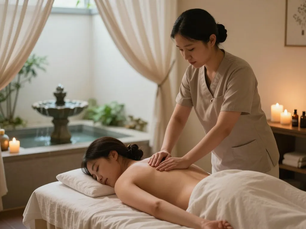 편안함을 보여주는 조용한 스파 환경에서 치평동마사지 치료사가 치료를 수행하고 있습니다.