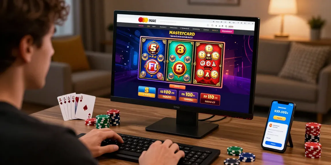 Engaging scene of a player at a computer exploring Mastercard casinos online, set in a cozy home atmosphere with gaming elements.