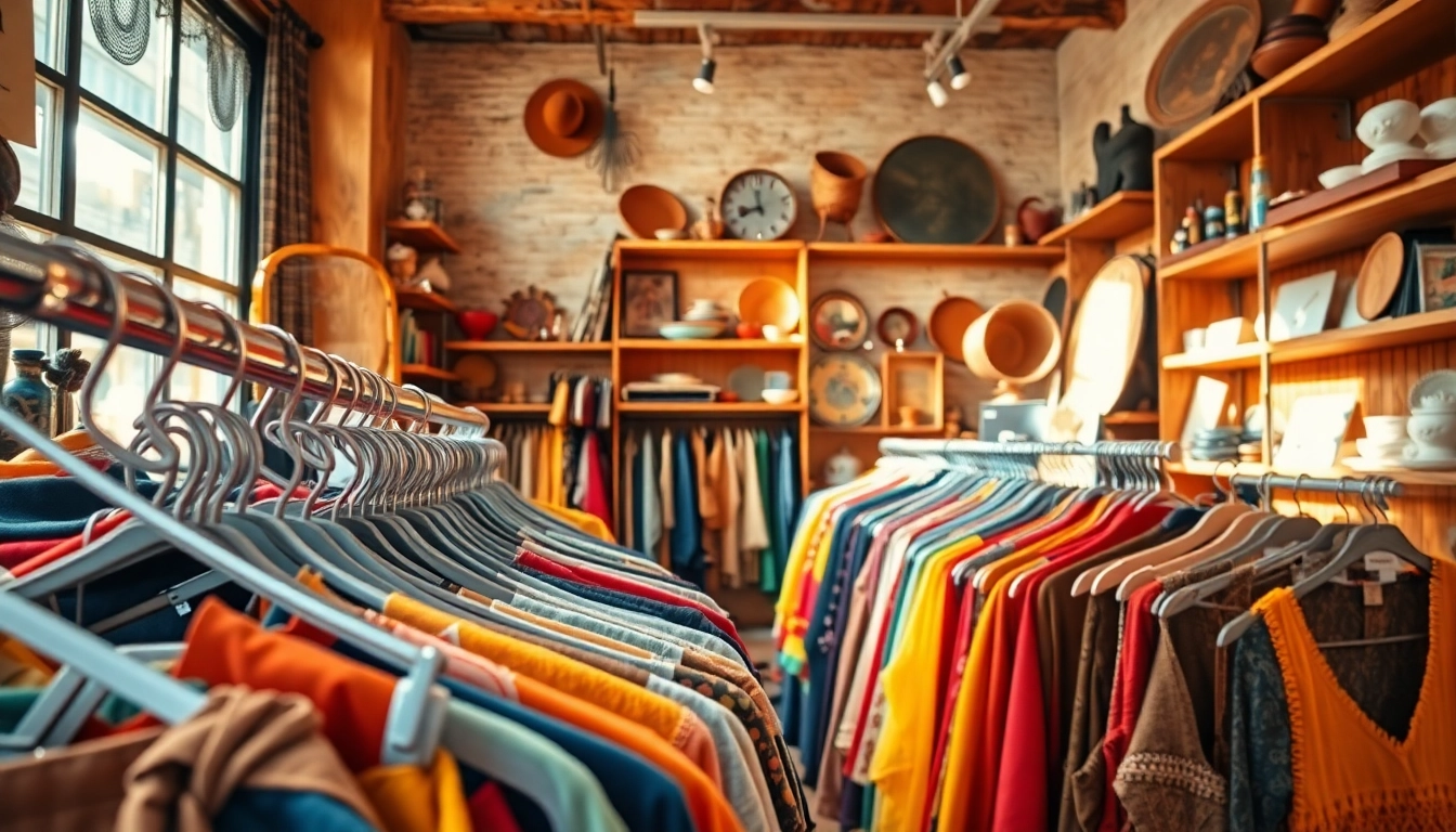Shop at a second hand shop filled with vintage clothing, accessories, and unique decor appealing to shoppers.
