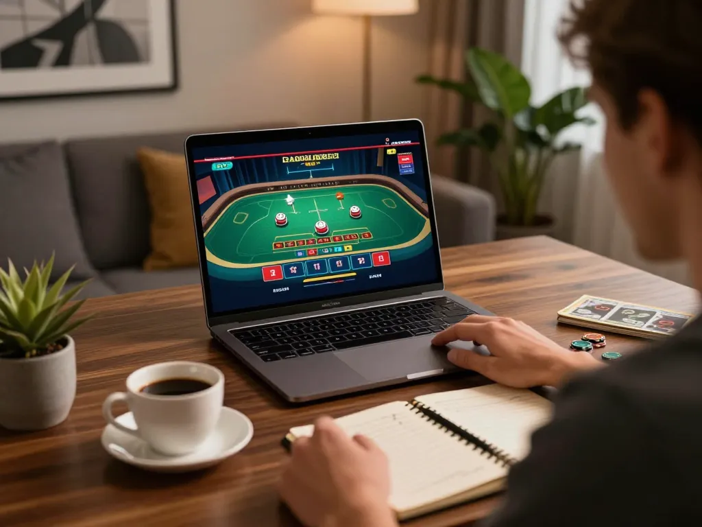 Experience thrilling gameplay at https://rr88.center/ with a laptop displaying live dealer action and strategic notes