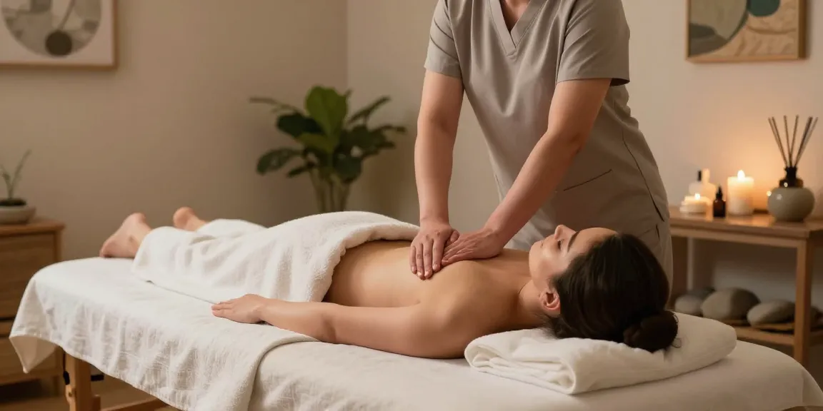 마사지 테라피가 이루어지는 평화로운 스웨디시 마사지 룸, 편안한 분위기와 자연 요소로 아늑함을 표현합니다.