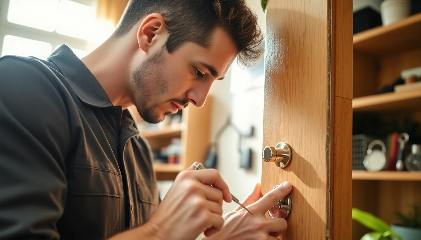 Locksmith expertly repairing a door lock in a bright, cozy environment.