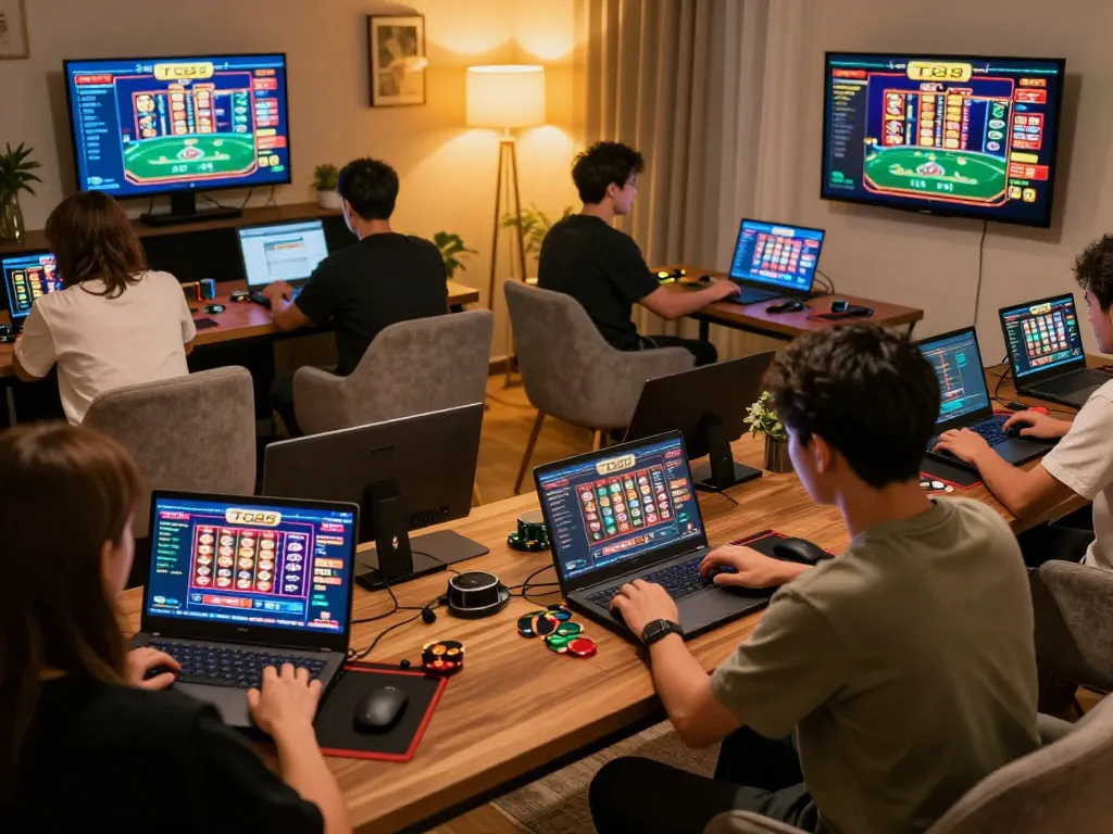 TG88 players enjoying a vibrant online gambling experience with poker and slots displayed on their devices.