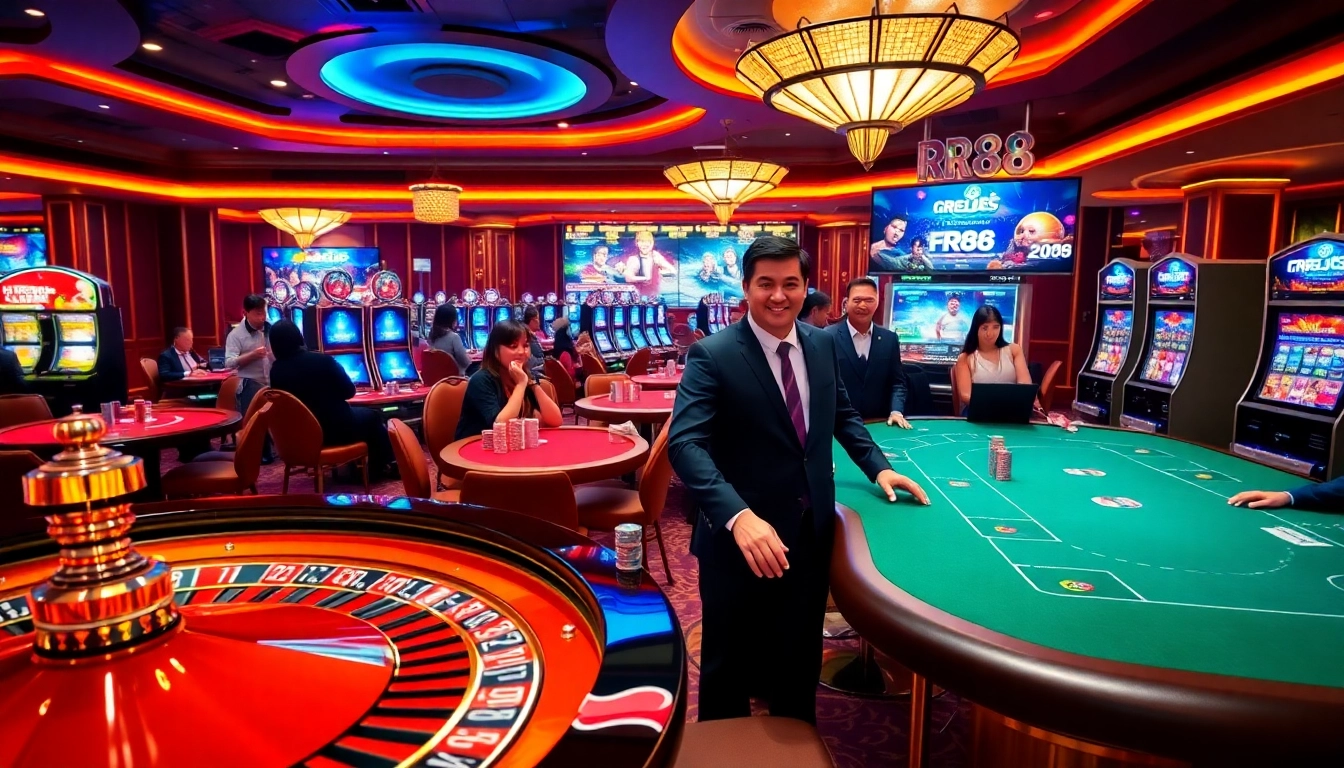 RR88 players enjoying a thrilling gambling experience at luxury casino tables