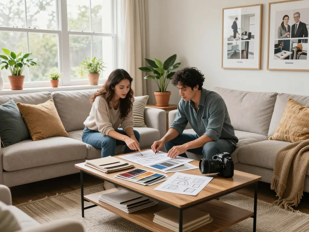 Discussing home renovation ideas in a cozy living room with design samples.