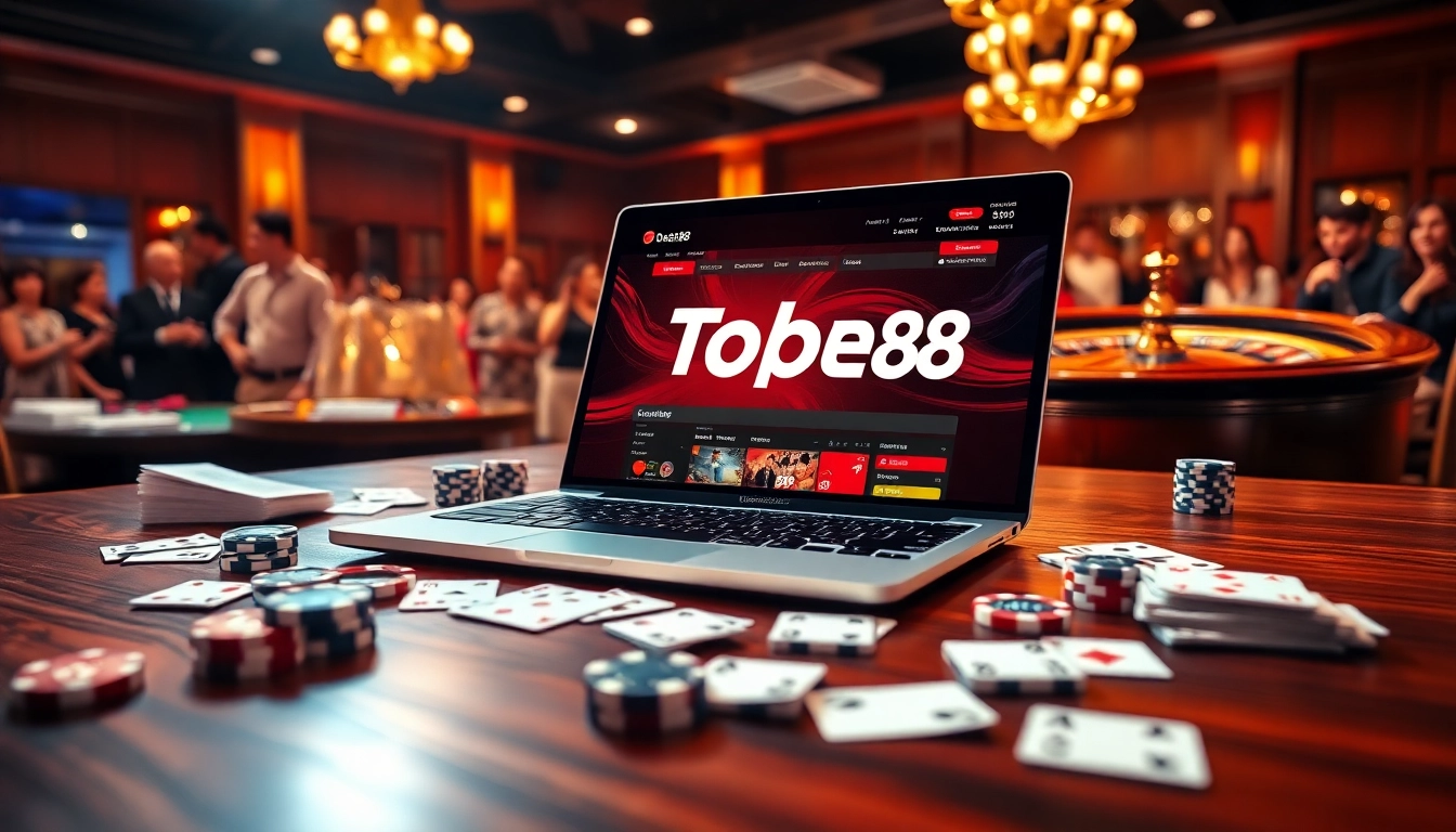 Tobet88 online gambling interface with poker chips and cards on a luxury casino table.