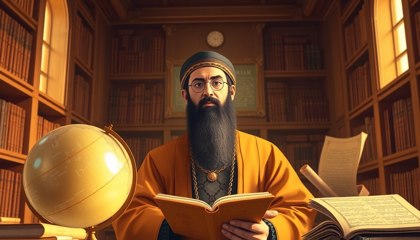 Illustration depicting algorithm etymology through al-Khwarizmi's historical context with books and scrolls.