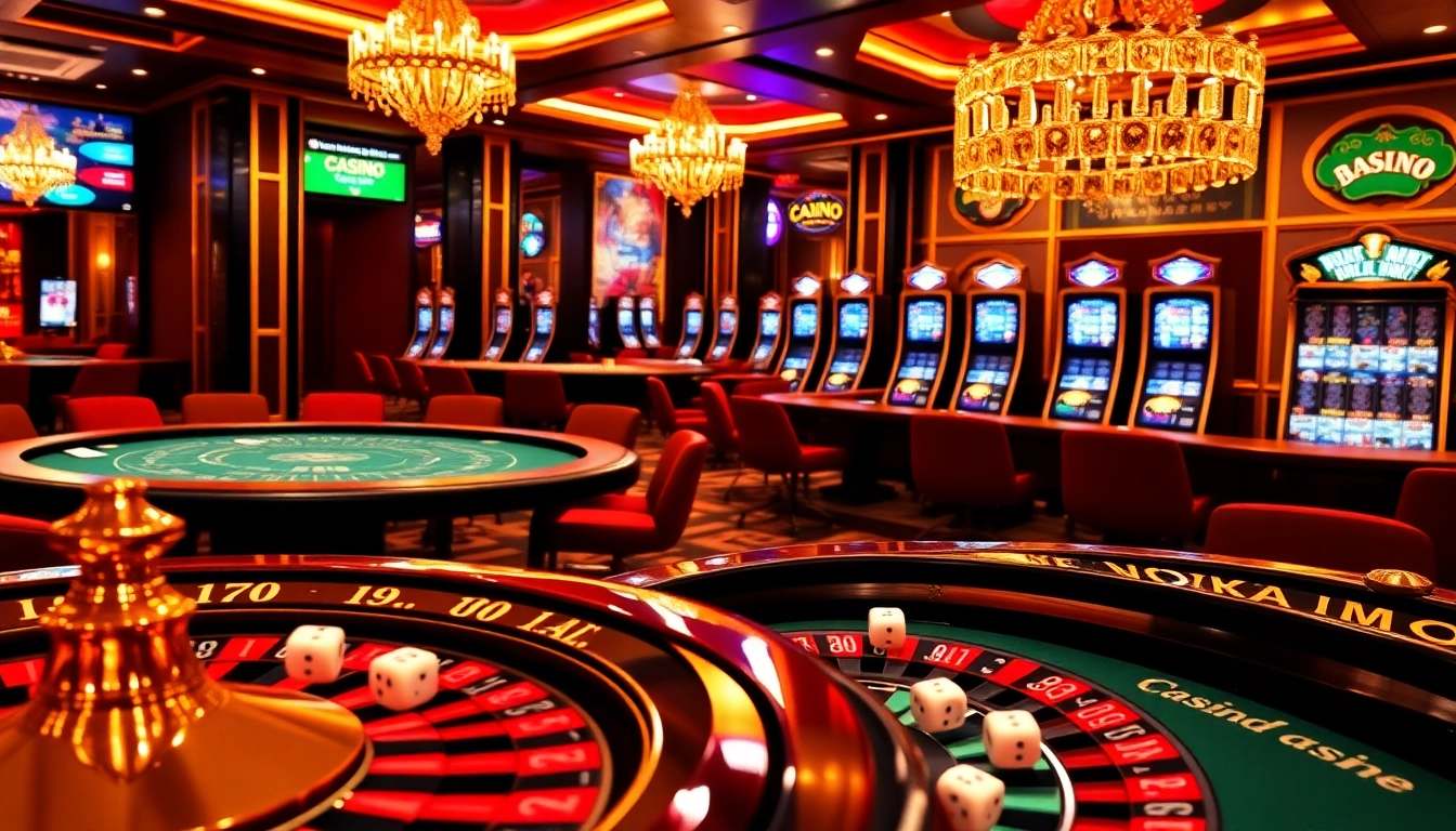 Scène passionnante de casino en ligne présentant des tables de blackjack, une roue de roulette et des machines à sous vibrantes.