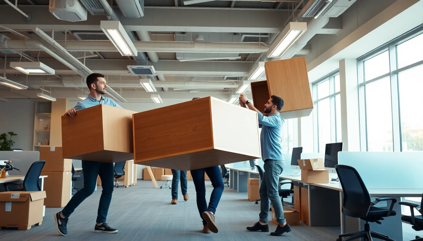Business movers transporting office furniture in a modern workplace setting.