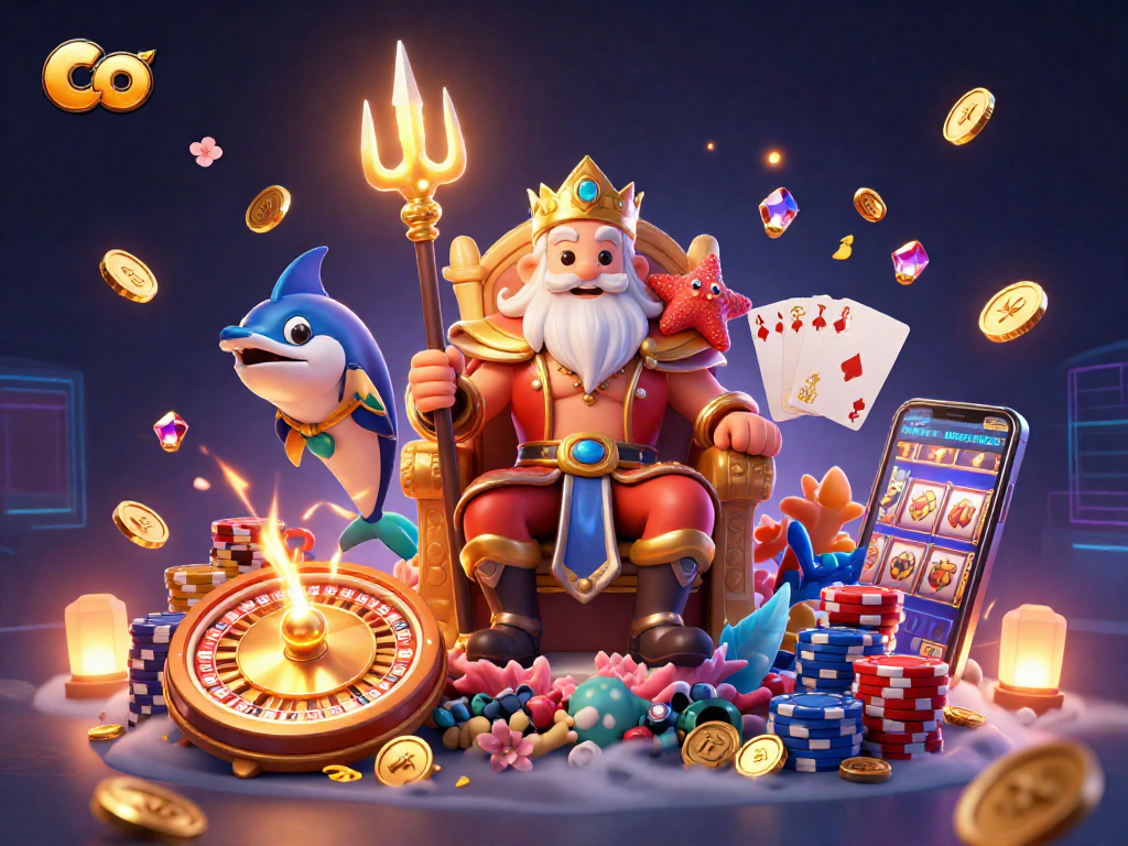 Spin the roulette and win at co casinos with vibrant 3D visuals showcasing Neptune and playful games.