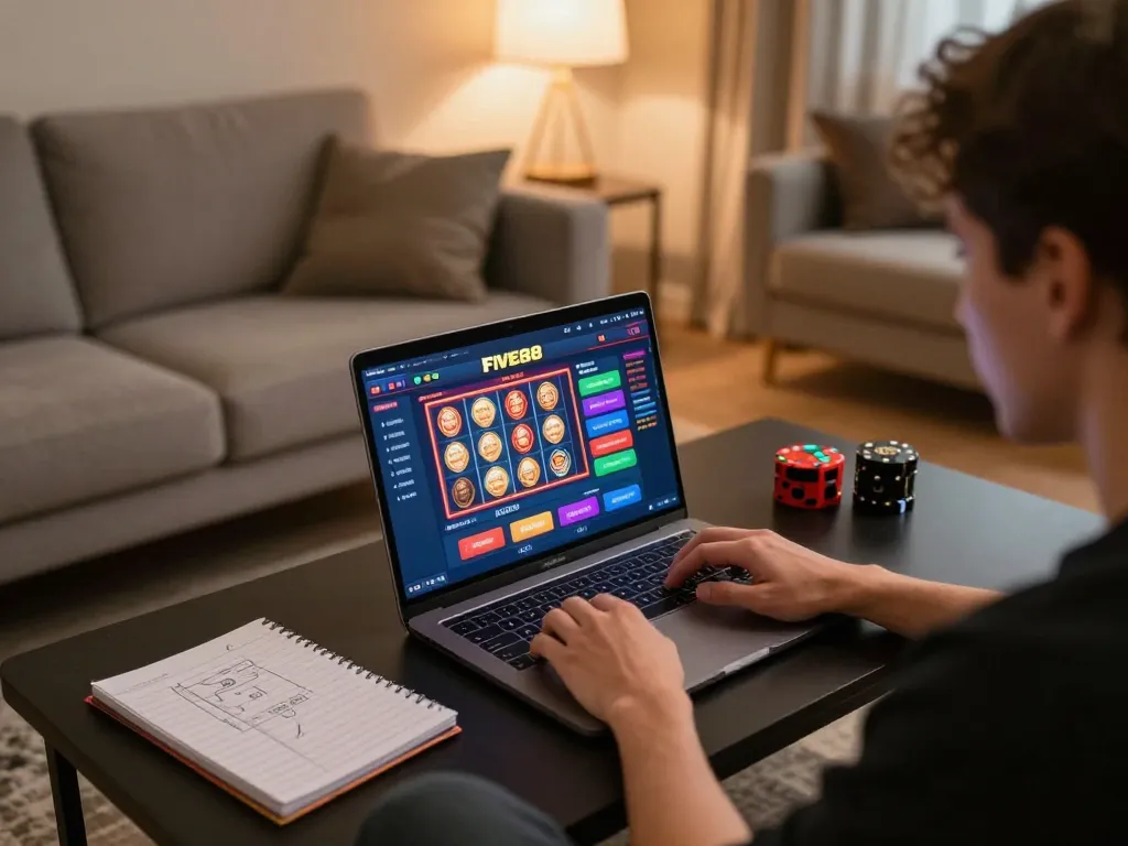 Engaging player exploring FIVE88 online casino with vibrant game interface at home