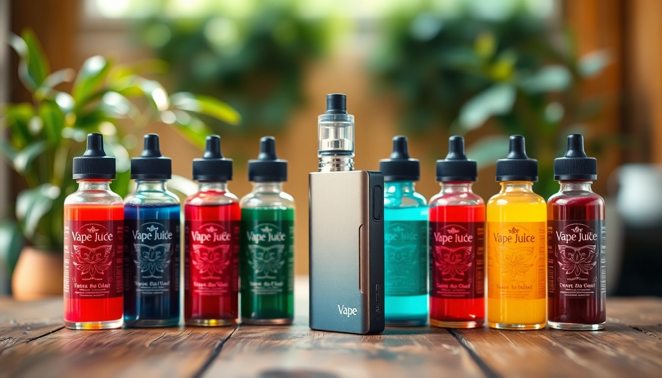 Showcase of Vape Juice Depot's vibrant vape juice selection with sleek devices on a rustic table.