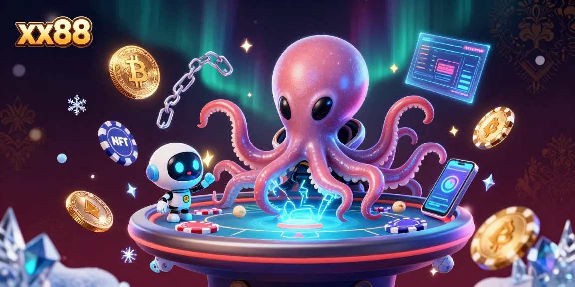 Engage with xx88's vibrant gaming universe featuring a cosmic octopus at a holographic poker table.