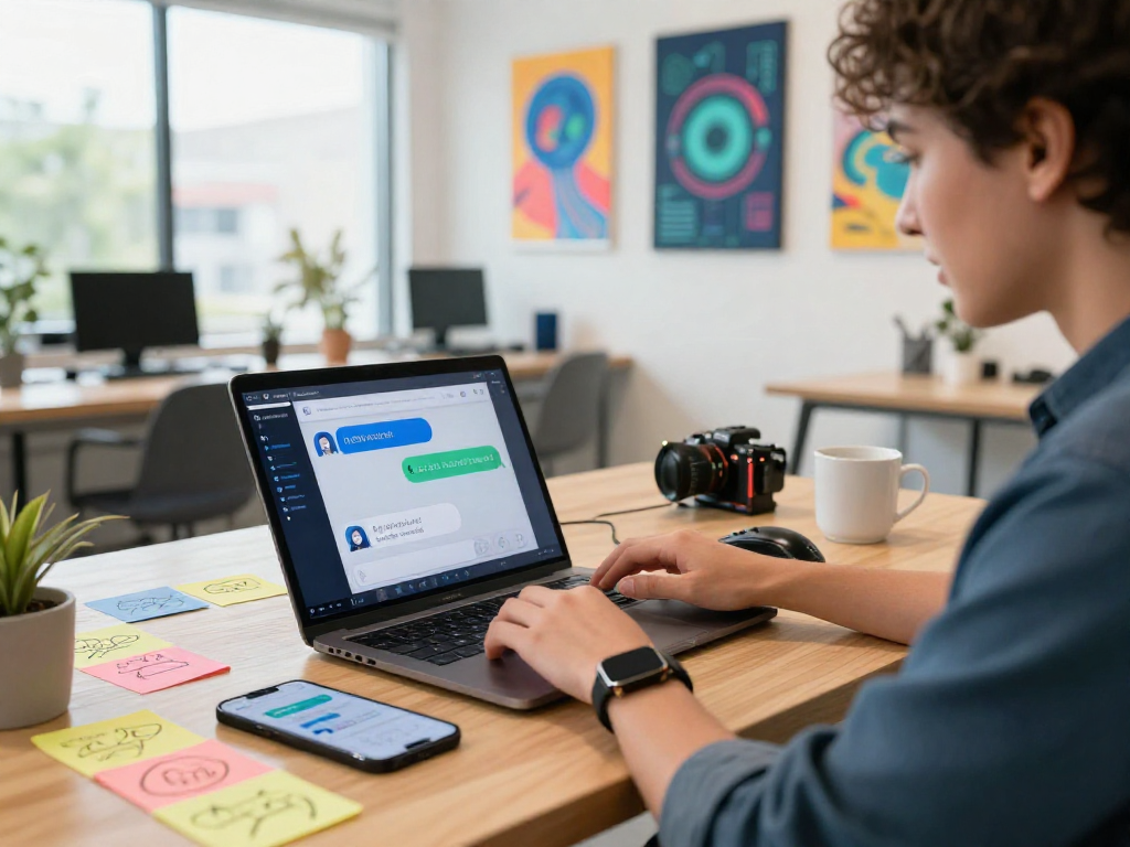 Engaging with an nsfw chat bot on a modern laptop in a vibrant workspace.