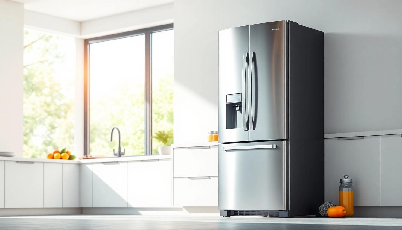 Refrigerator displayed in a modern kitchen showcasing its stylish design and features.