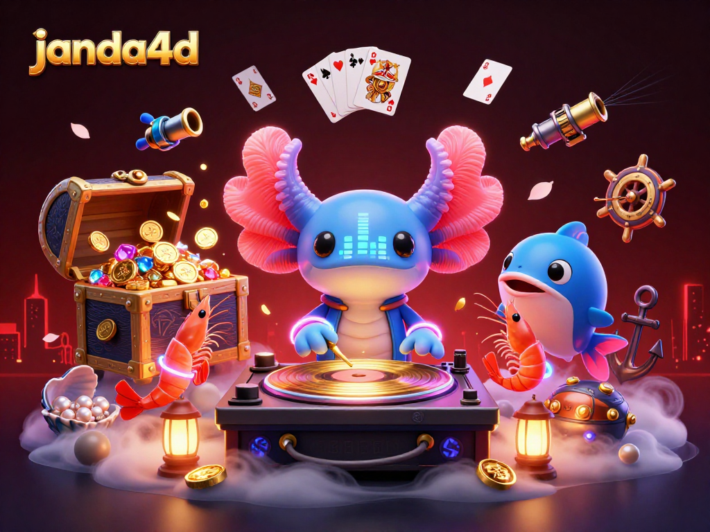 Spin to win with janda4d as a neon axolotl DJ spins underwater treasure for gamers.