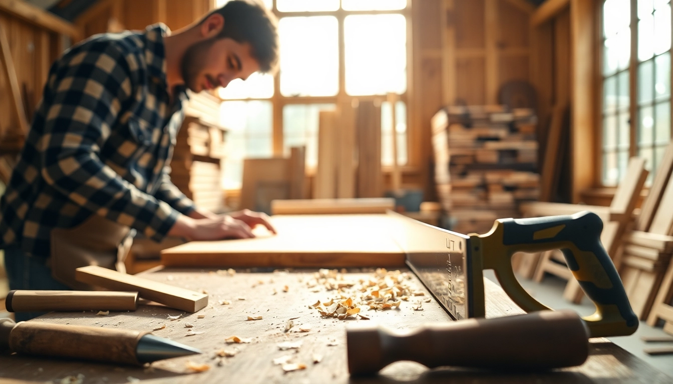 Carpenter engaged in woodworking exemplifying the carpentry apprenticeship journey with tools and sunlight.