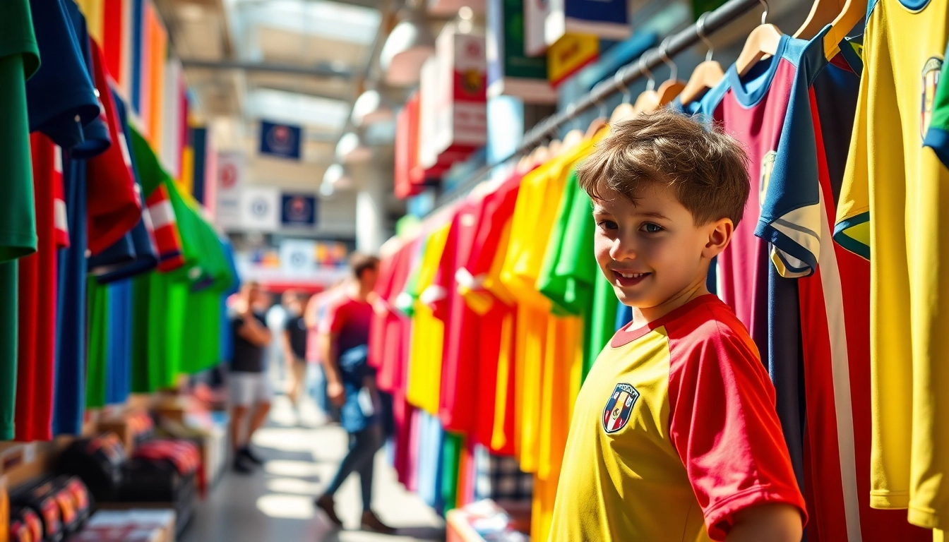 Shop vibrant cheap football kits in a bustling sports store, showcasing a colorful array of jerseys.