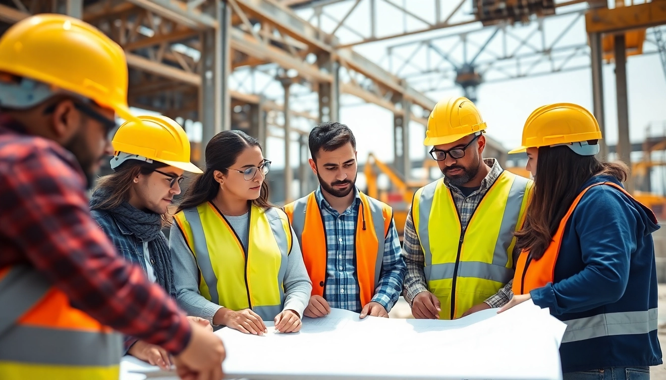 Engaged team collaborating in construction advocacy, analyzing blueprints at a bustling site.