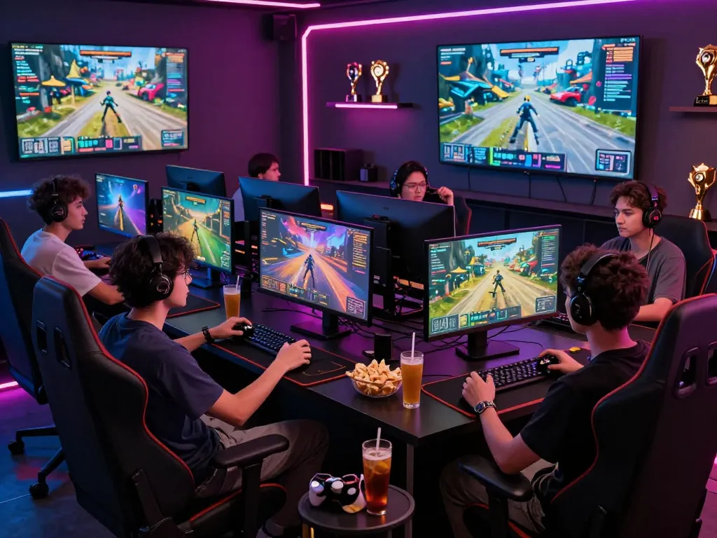Group gaming experience with go88, high-energy gaming setup, and neon ambiance.