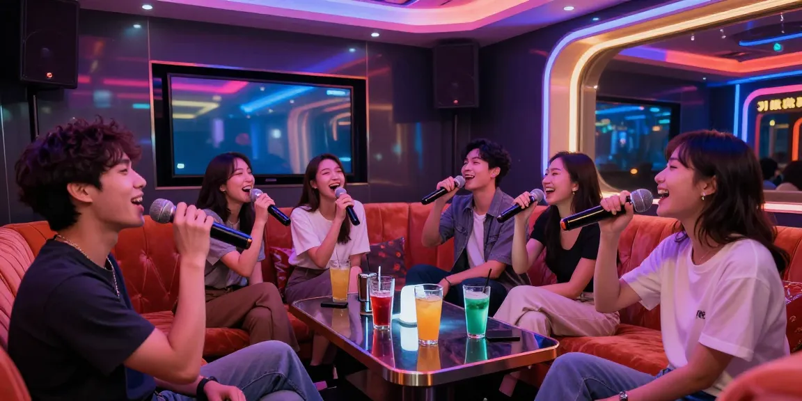 강남 가라오케에서 친구들과 함께 즐거운 노래를 부르는 고급스러운 분위기