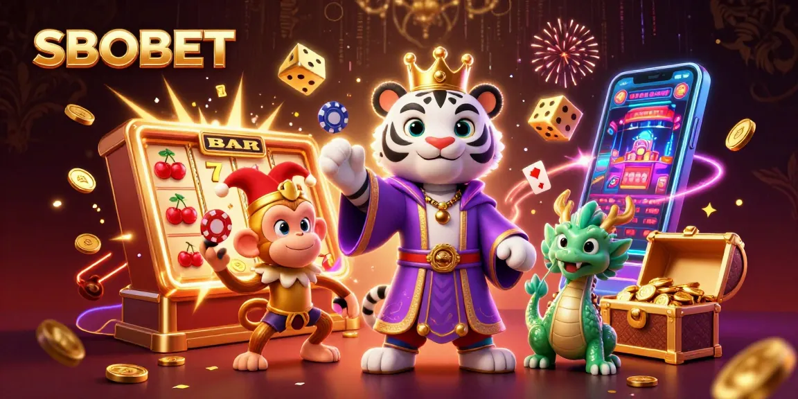 SBOBET enhances your betting experience with an illustrated scene of a royal white tiger and a playful monkey in a casino setting.